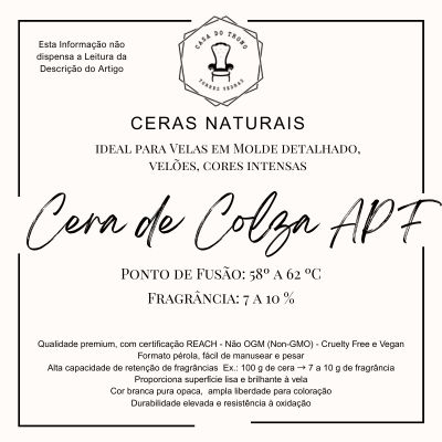 Etiqueta do produto Ceras Naturais Cera de Colza ADF com informações técnicas e certificações