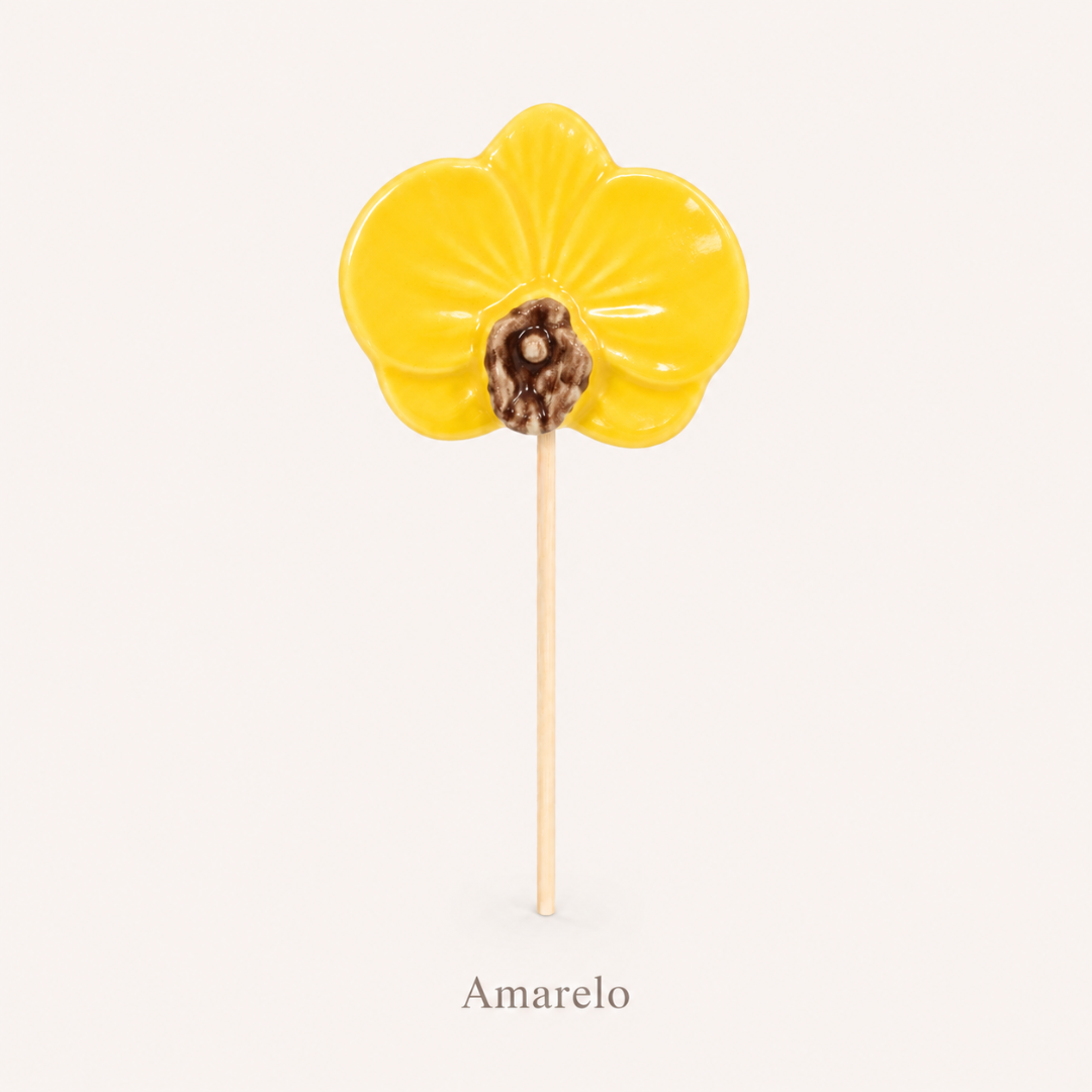 Chupa-chupa em forma de flor amarela com centro castanho