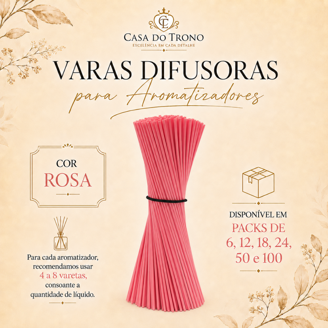 Varas difusoras para aromatizadores cor rosa agrupadas por um elástico preto em fundo neutro com texto promocional