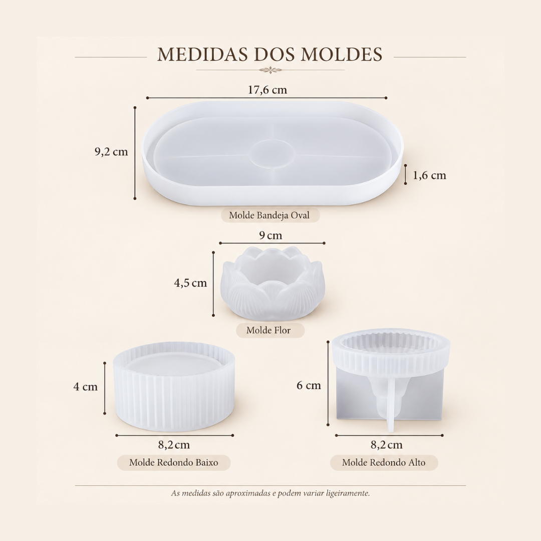 quatro moldes brancos de silicone com dimensões indicadas sobre fundo bege