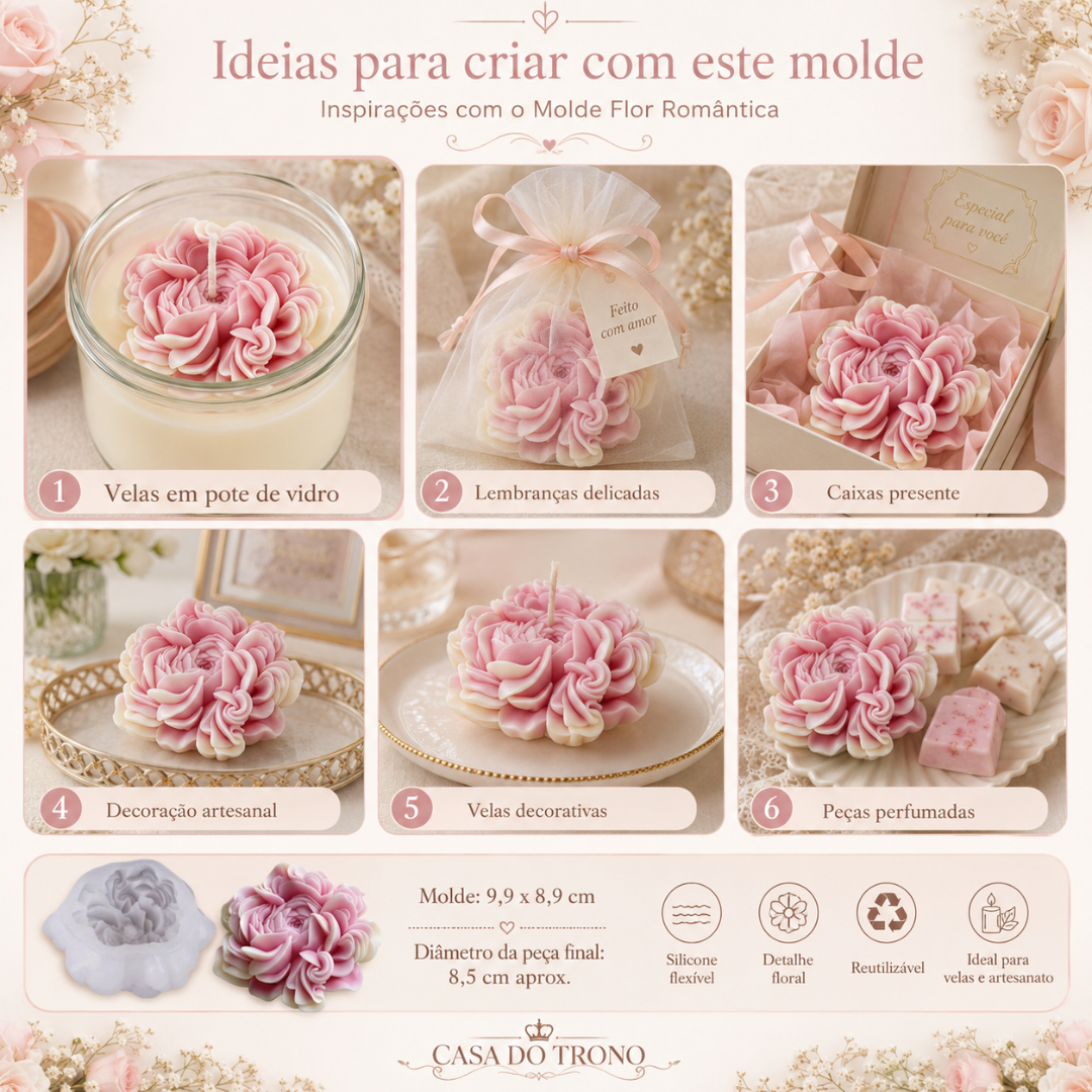 Molde floral silicone com ideias de uso para velas e artesanato em tons de rosa e branco