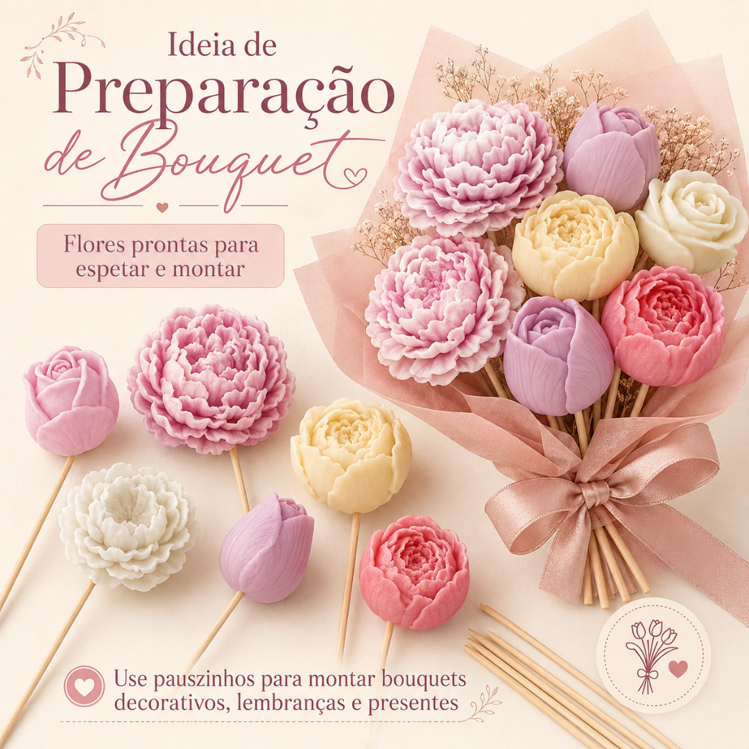 Bouquet decorativo com flores em pauszinhos coloridos e texto em português.