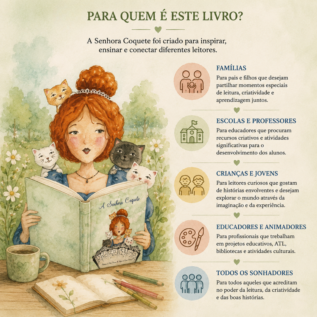 Mulher ruiva com coque lê livro A Senhora Coquete com gatos, mesa com livro, lápis e chávena, texto em português