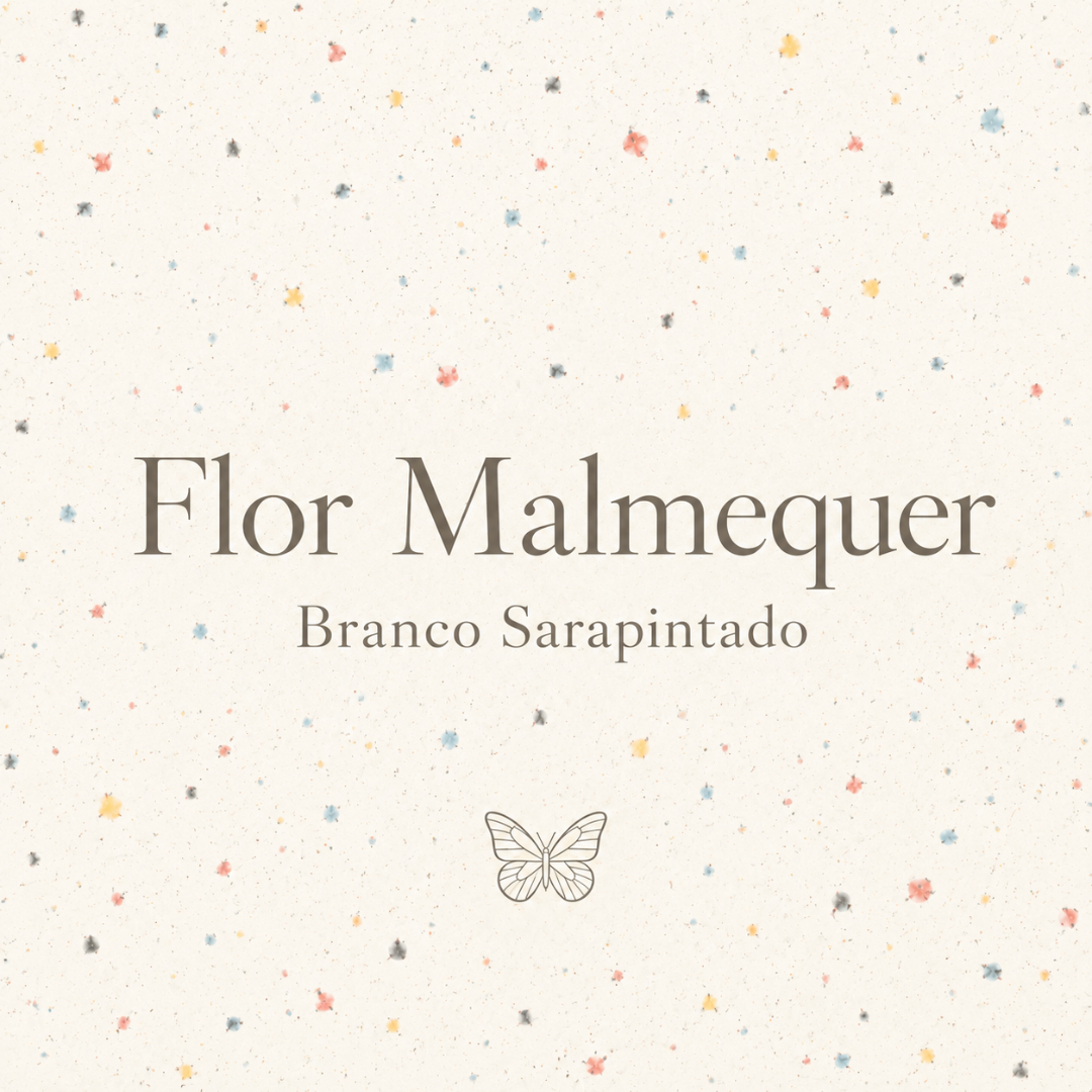 Papel de fundo branco com pequenas flores coloridas e texto Flor Malmequer Branco Sarapintado com borboleta