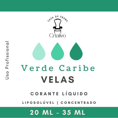 Etiqueta de corante líquido verde para velas com texto e gotas coloridas.