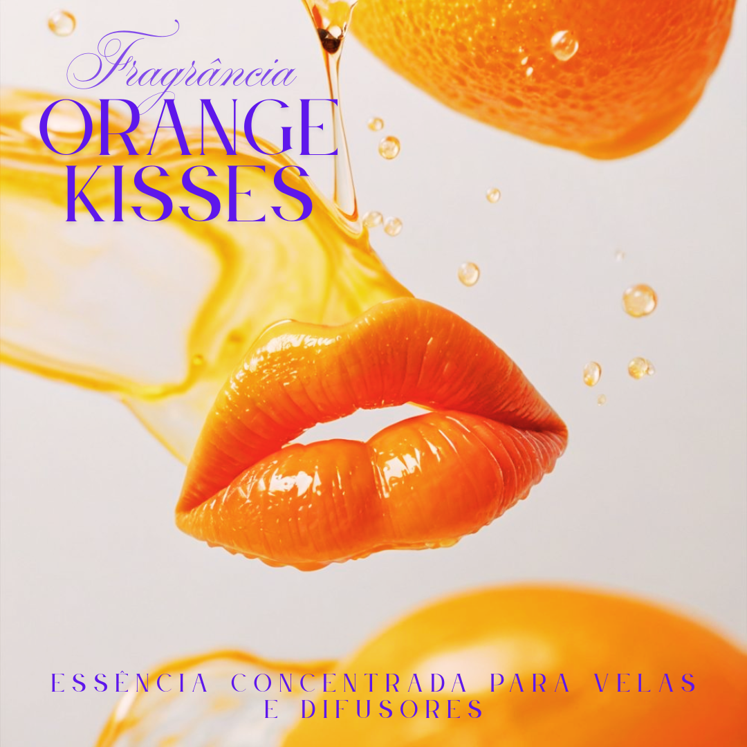Fragrância Orange Kisses com lábios laranja brilhantes e laranja de fundo