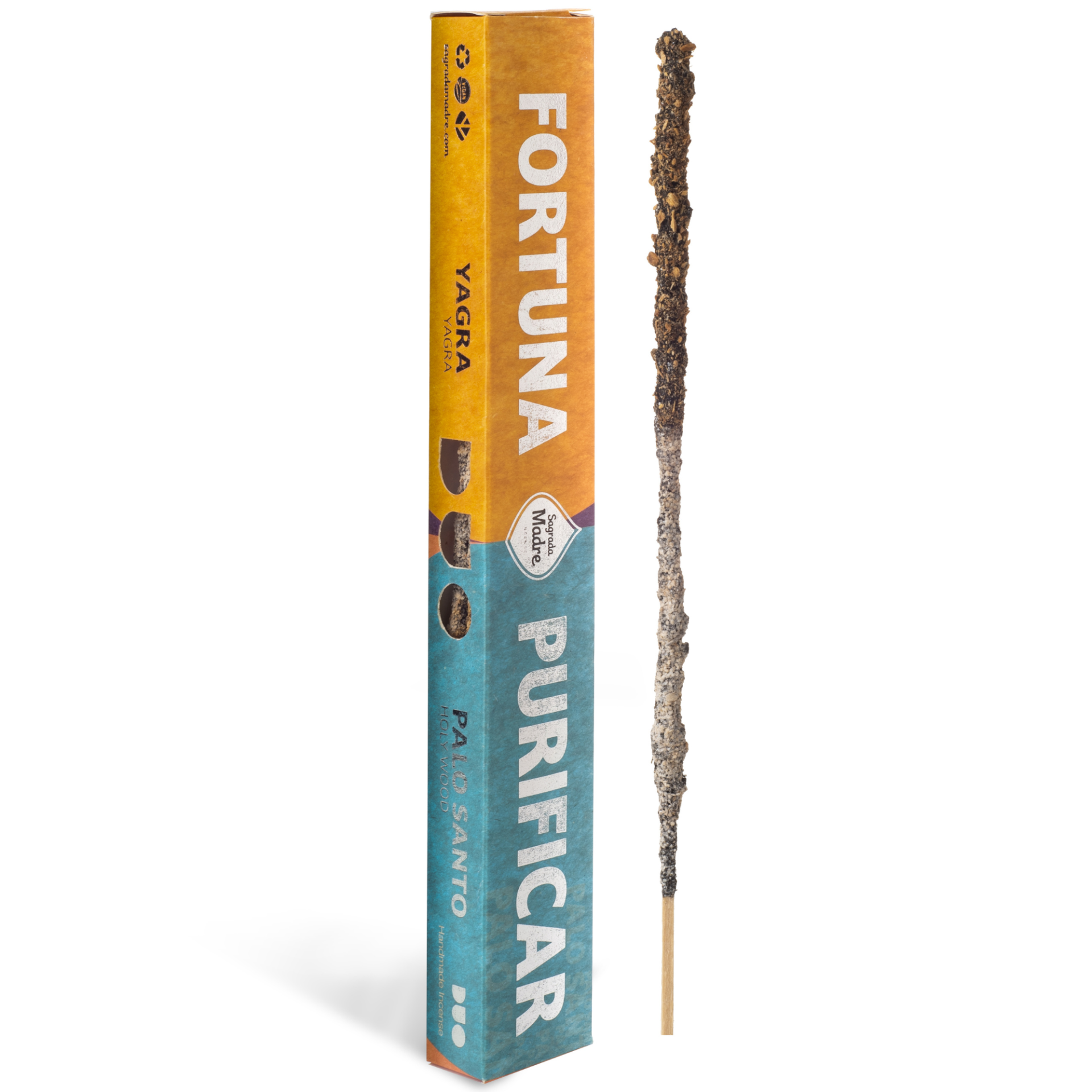 Caixa de incenso amarelo e azul com incenso aceso ao lado.