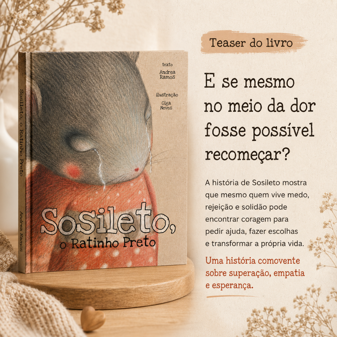 Capa do livro Sosileto, o Ratinho Preto com rato cinzento e texto teaser em português