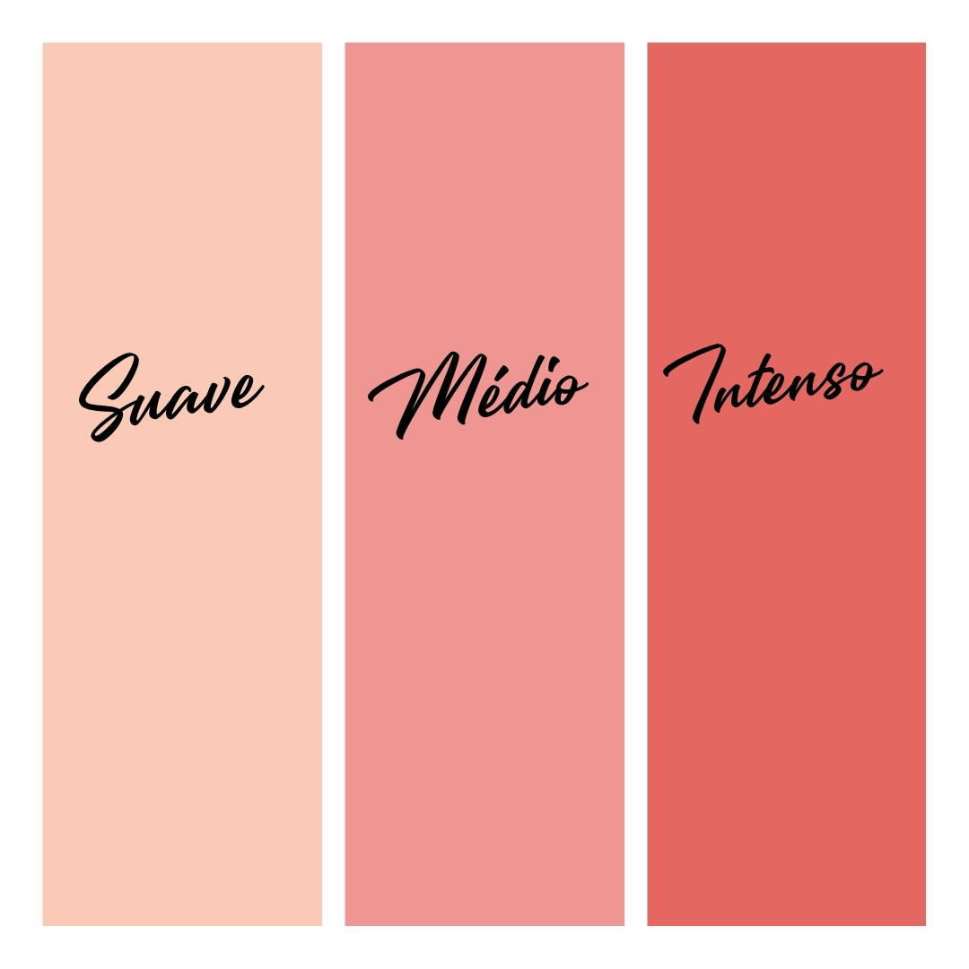 Três painéis em tons de rosa e vermelho com as palavras Suave, Médio e Intenso