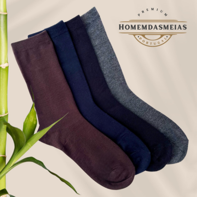 Quatro pares de meias em várias cores com ramo verde e logótipo HOMEMDASMEIAS