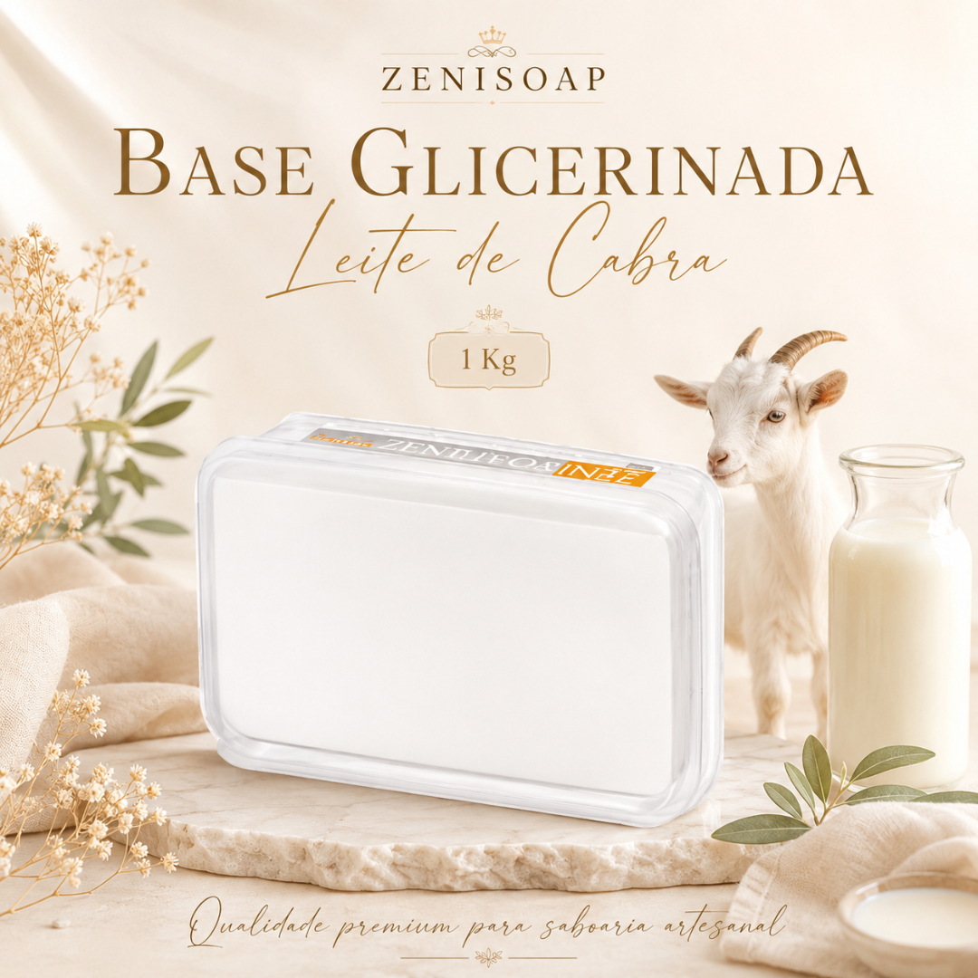 Barra de sabonete base glicerina branca com embalagem plástica e cabrito ao fundo