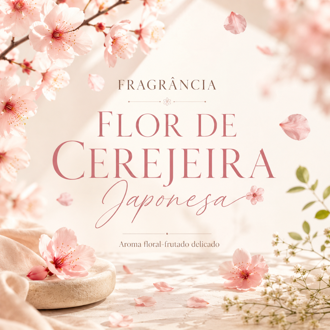 Flores de cerejeira japonesas e texto sobre fragrância floral