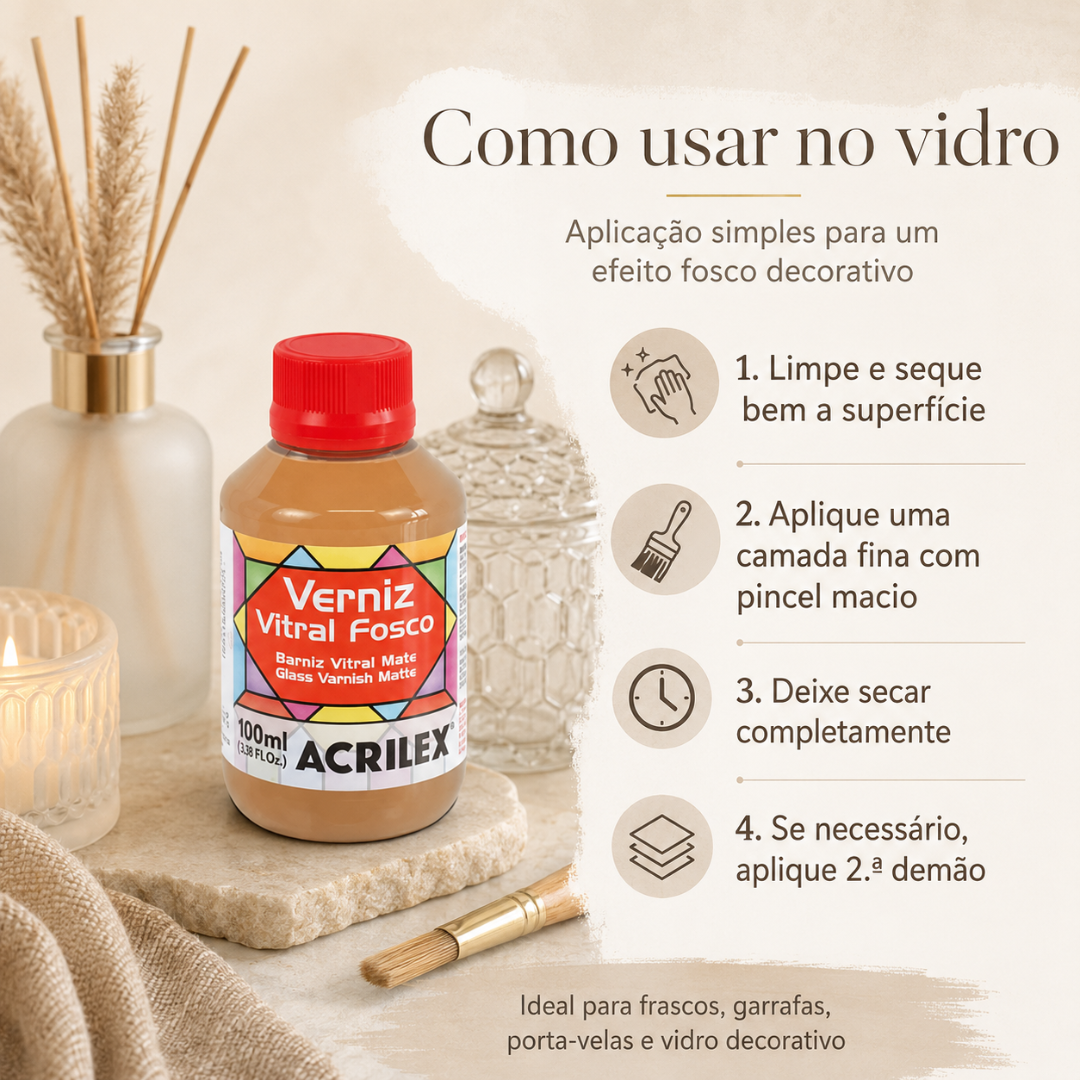 Frasco de verniz vitral fosco Acrilex de 100ml com tampa vermelha sobre pedra com pincel e decoração neutra