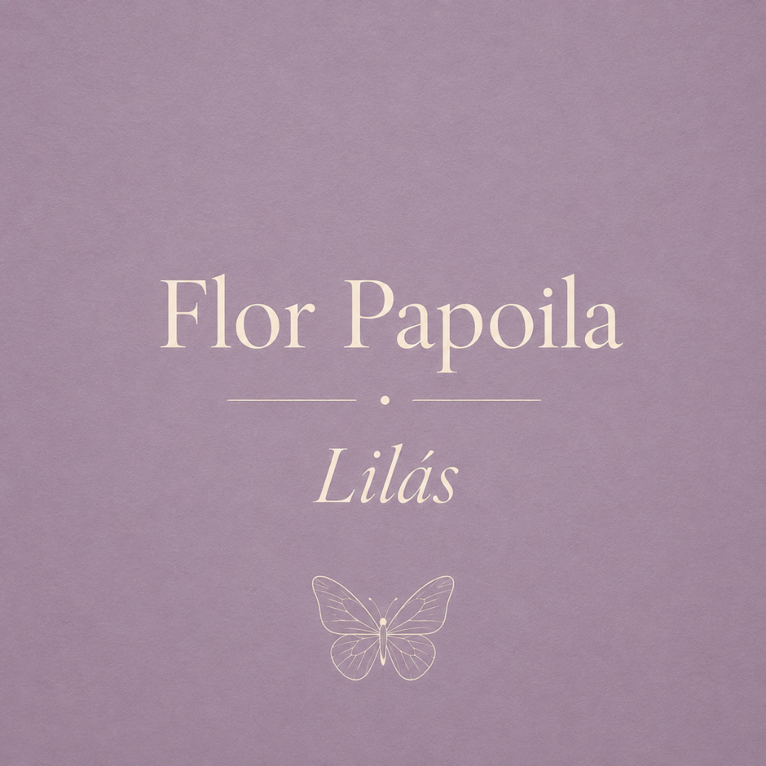 Fundo lilás com texto Flor Papoila Lilás e desenho de uma borboleta