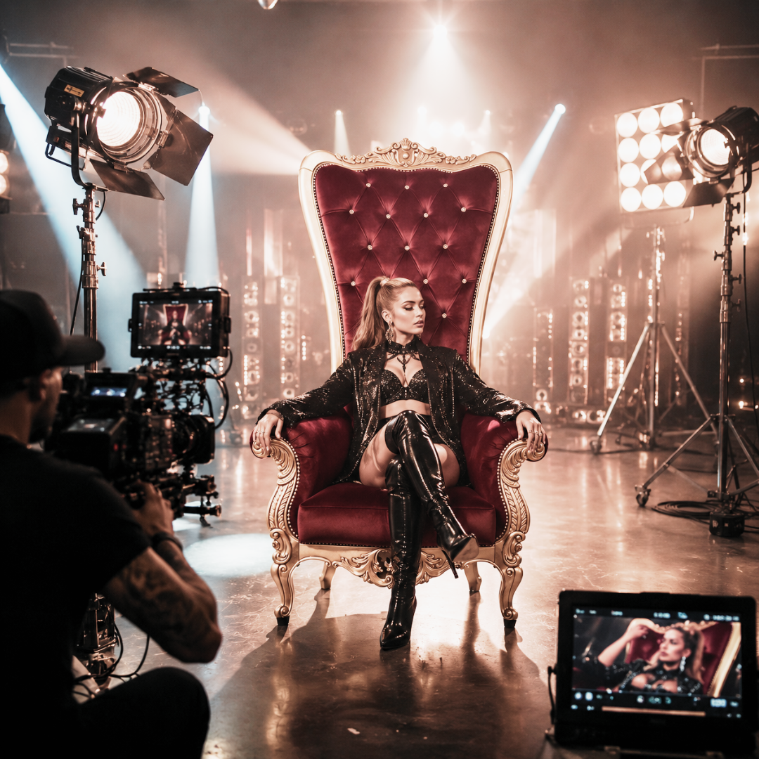 Cadeira de trono de veludo vermelho com moldura dourada num estúdio de filmagem com modelo e equipamentos de iluminação