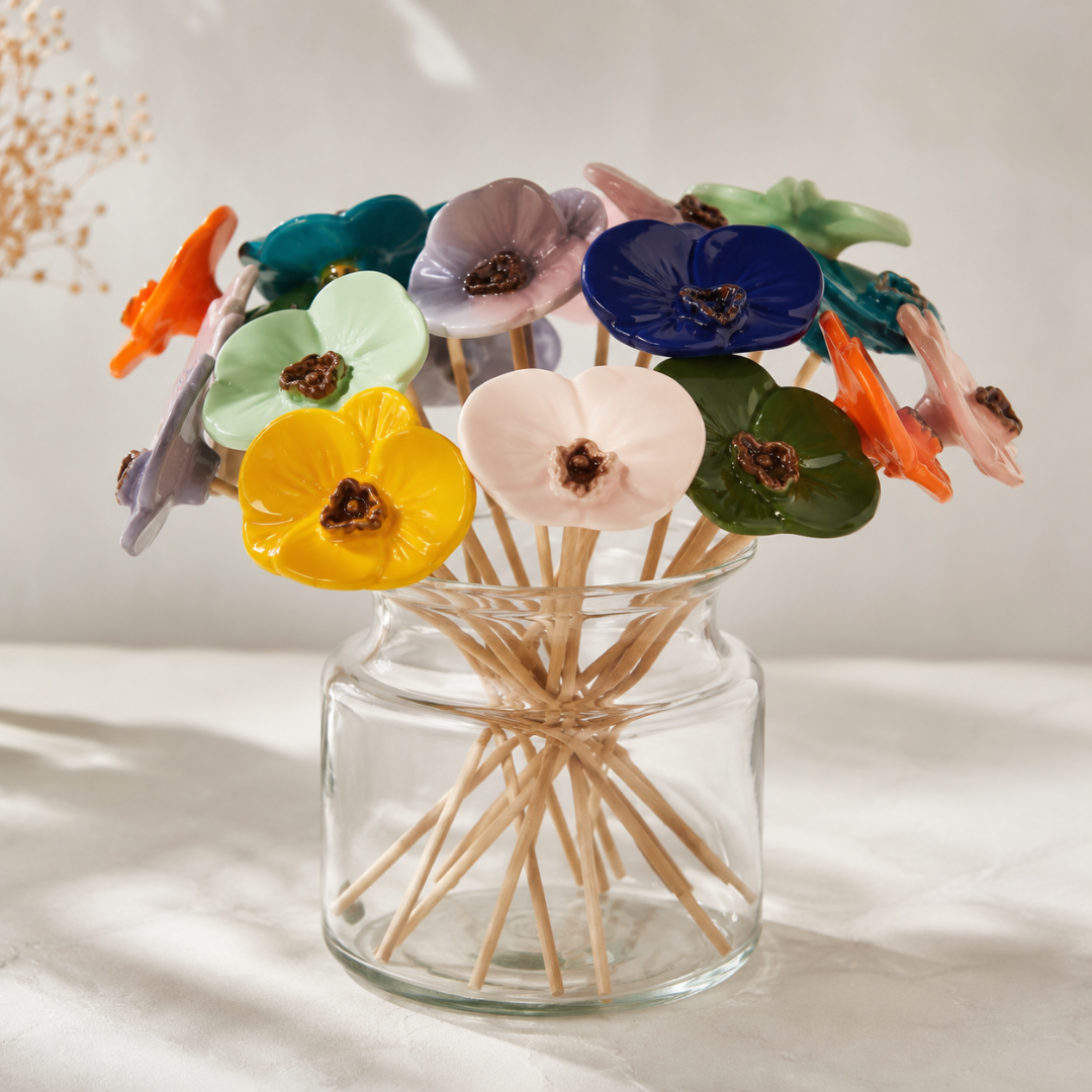 Arranjo de flores de cerâmica coloridas em vaso de vidro
