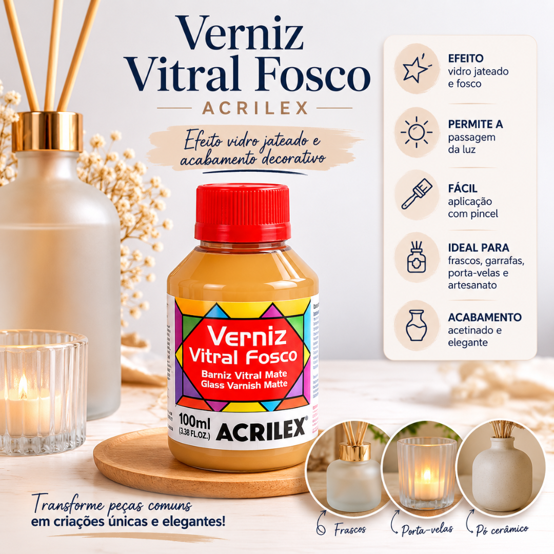 Frasco de verniz vitral fosco Acrilex com rótulo colorido e tampa vermelha