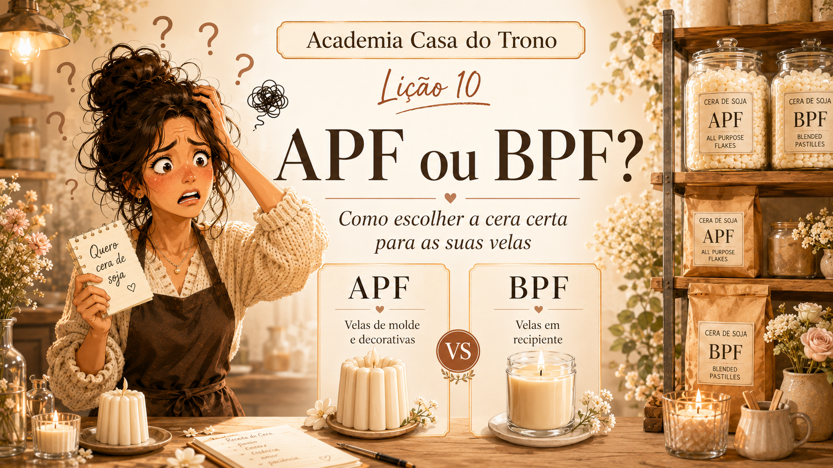 Lição N.º 10 — APF ou BPF? Como escolher a cera certa para velas Mulher angustiada com avental e bloco de notas com texto, potes de cera de soja APF e BPF em prateleira ao lado
