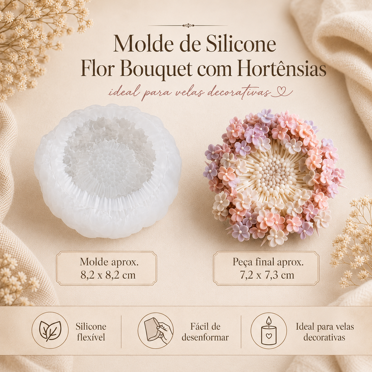 Molde de silicone para flor bouquet com hortênsias e peça final colorida em tons pastel
