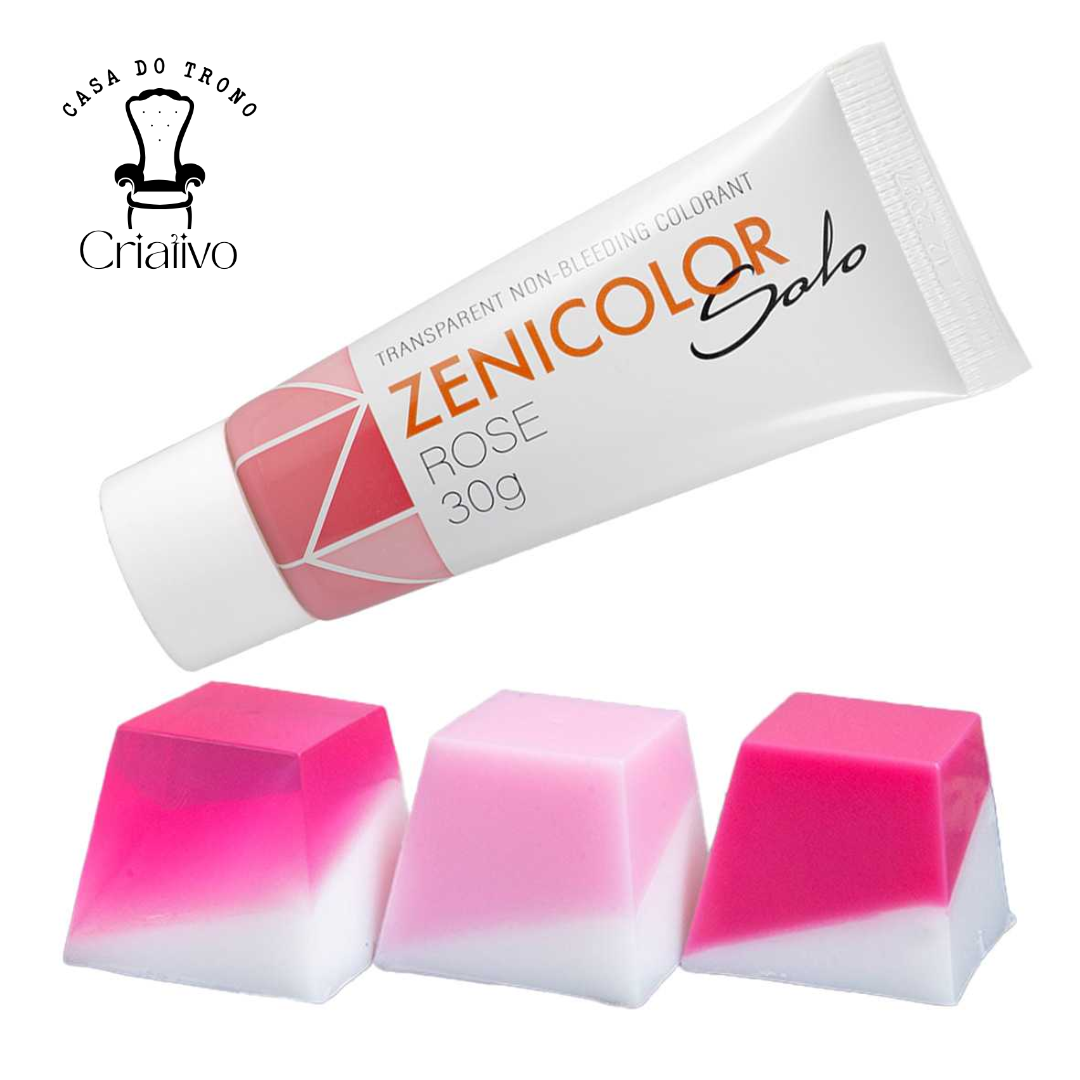 Tubo de corante Zenicolor Solo Rose e três cubos rosa e branco.