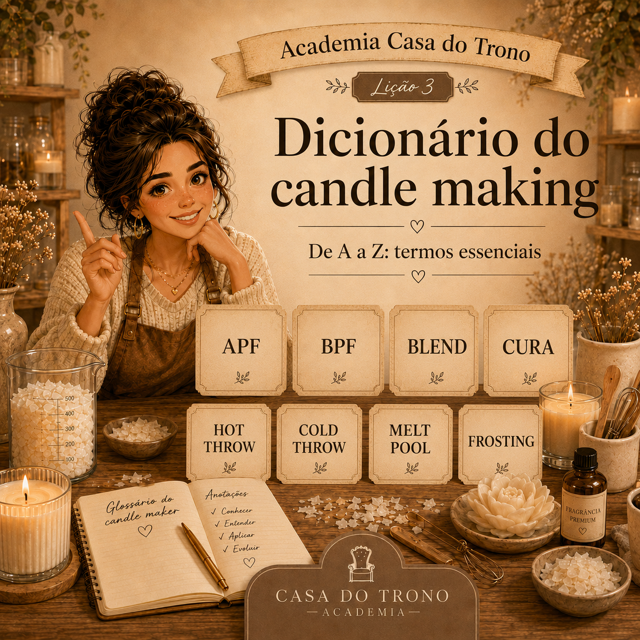 Li&ccedil;&atilde;o 3 da Academia Casa do Trono com gloss&aacute;rio de termos essenciais sobre velas artesanais e candle making