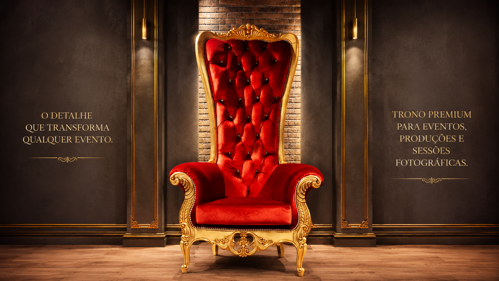 Cadeira trono vermelha e dourada com texto de divulgação para eventos