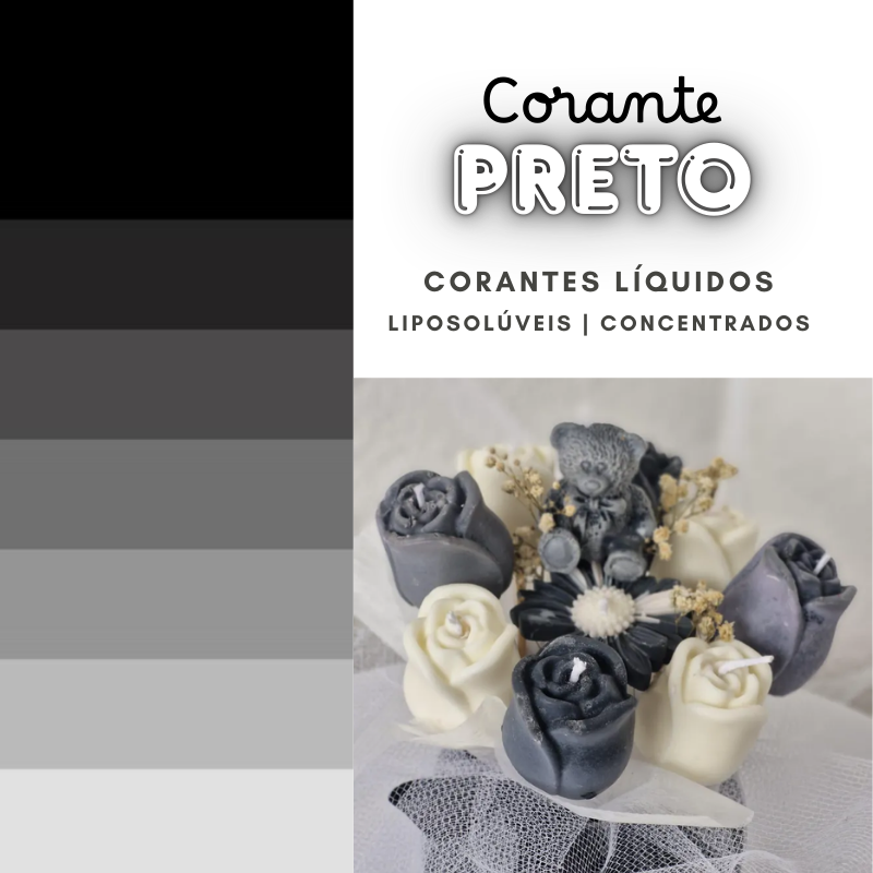 Velas de formas decorativas em tons preto e branco e paleta de cores em tons de cinza