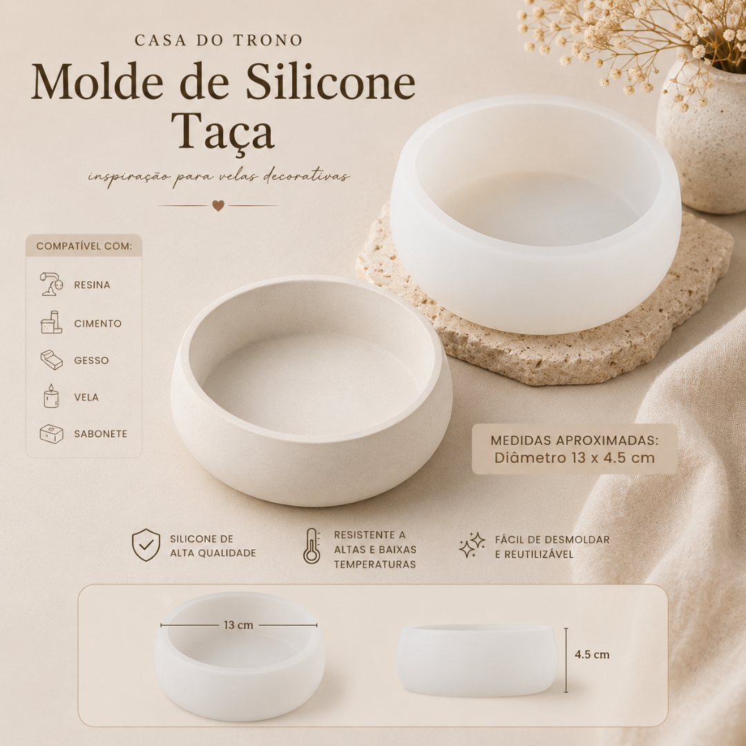 Moldes de silicone tipo taça em branco e bege com texto informativo sobre compatibilidade e medidas.