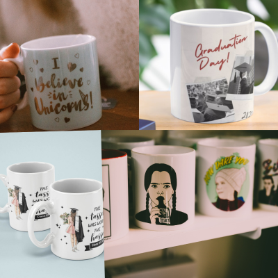 Conjunto de várias canecas brancas com diferentes desenhos e textos em português e inglês, apresentadas em ambientes interiores.