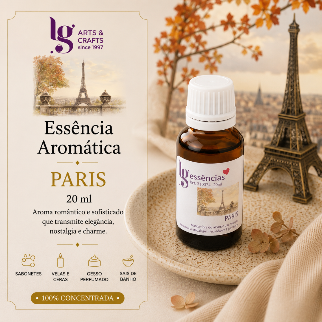 frasco de essência aromática Paris em prato de cerâmica junto a miniatura da Torre Eiffel e folhas secas