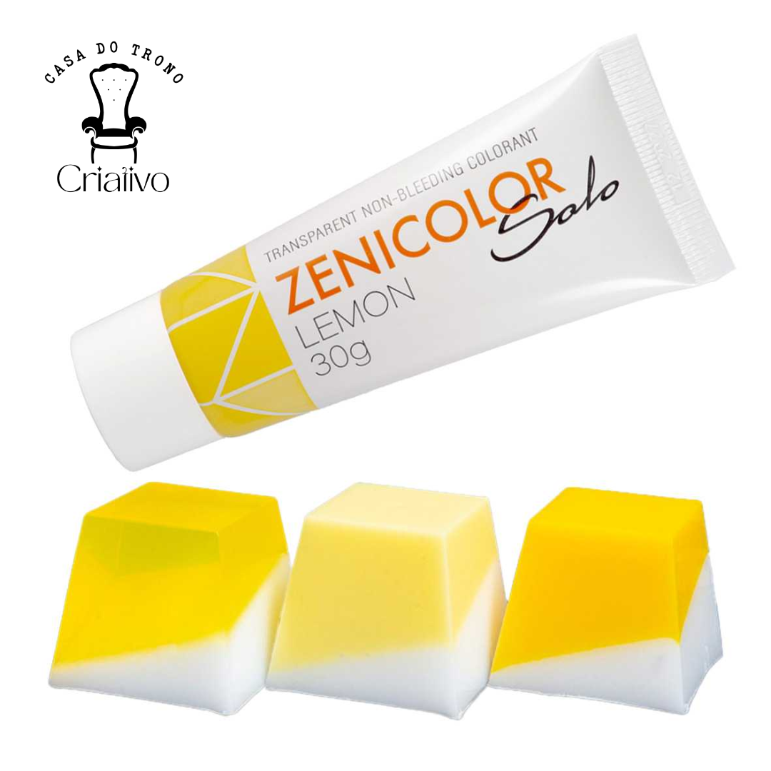 Tubo de corante Zenicolor Solo Lemon de 30g e amostras de cor amarelo e branco em cubos trapezoidais