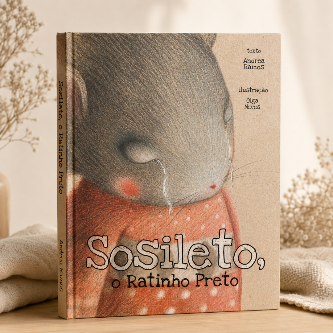Capa de livro infantil com ilustração de rato a chorar e título Sosileto, o Ratinho Preto.