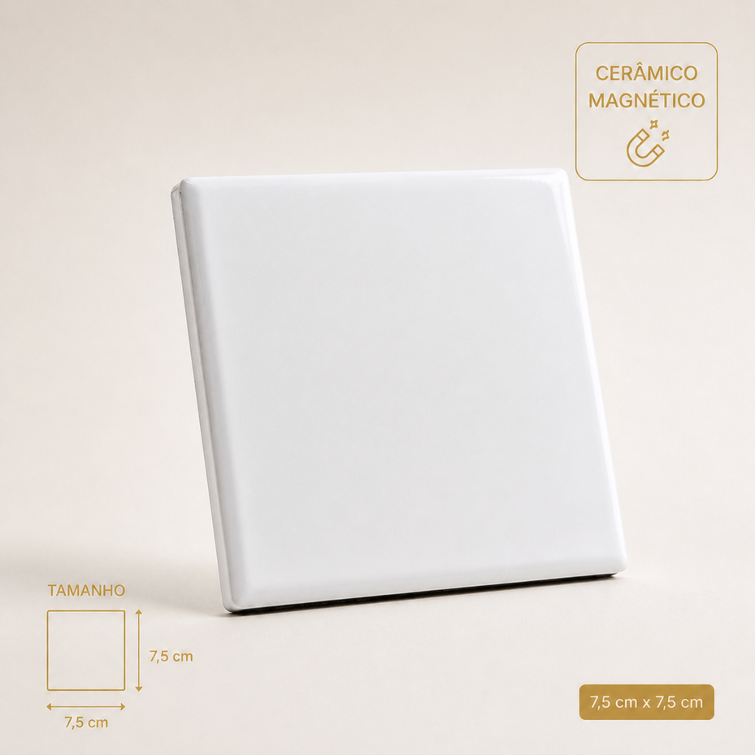 Peça quadrada branca em cerâmica magnética de 7,5 cm x 7,5 cm sobre fundo claro