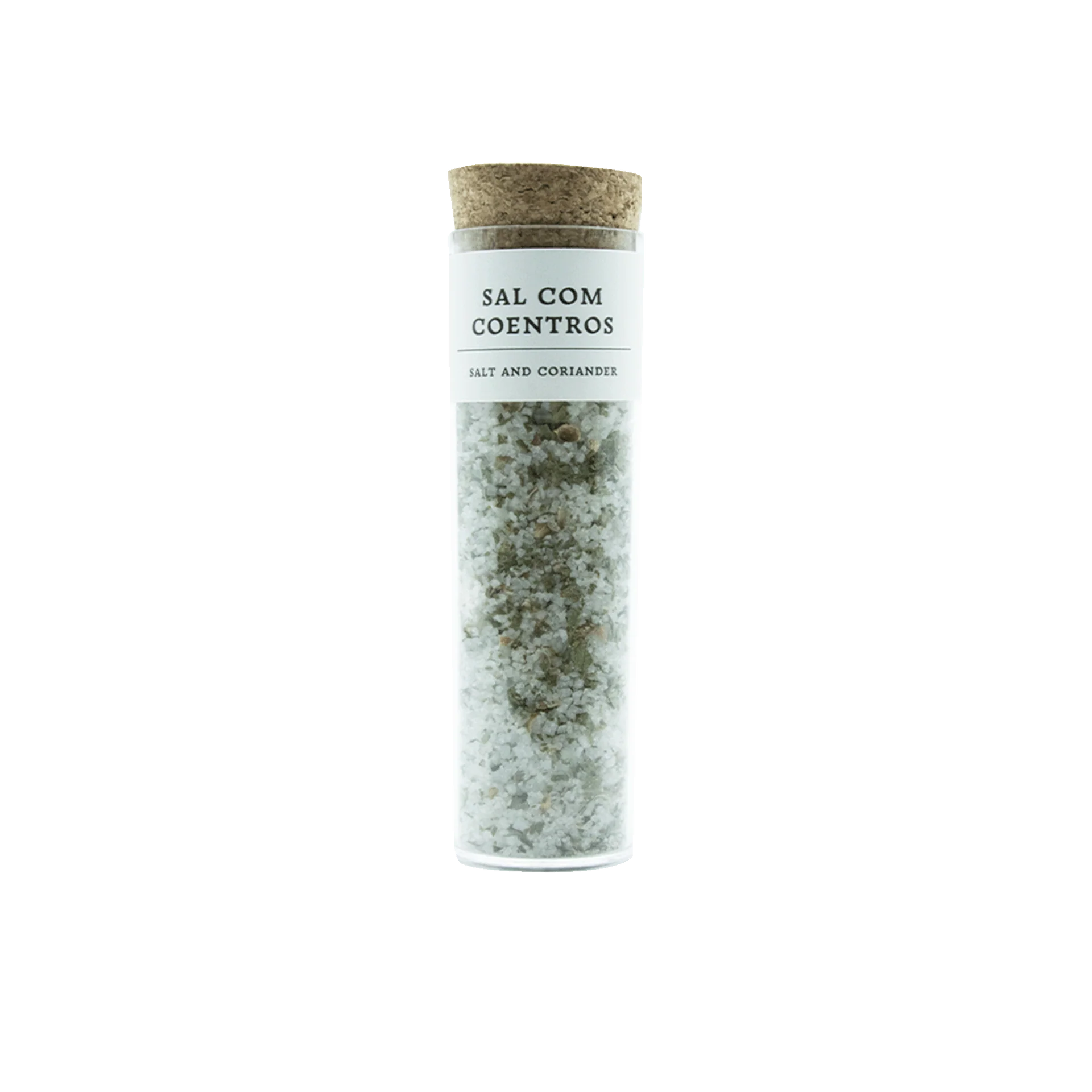 Frasco de vidro com sal e coentros com tampa de cortiça