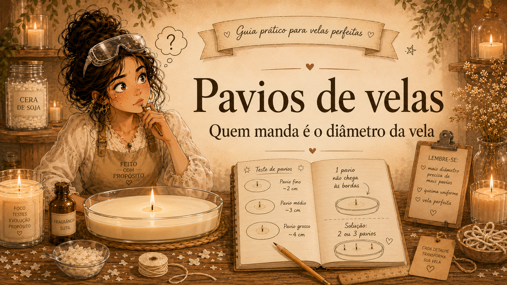 Jovem com avental FEITO COM PROPÓSITO rodeada por velas, frascos de cera de soja e fragrância sutil, e texto guia prático para pavios de velas.