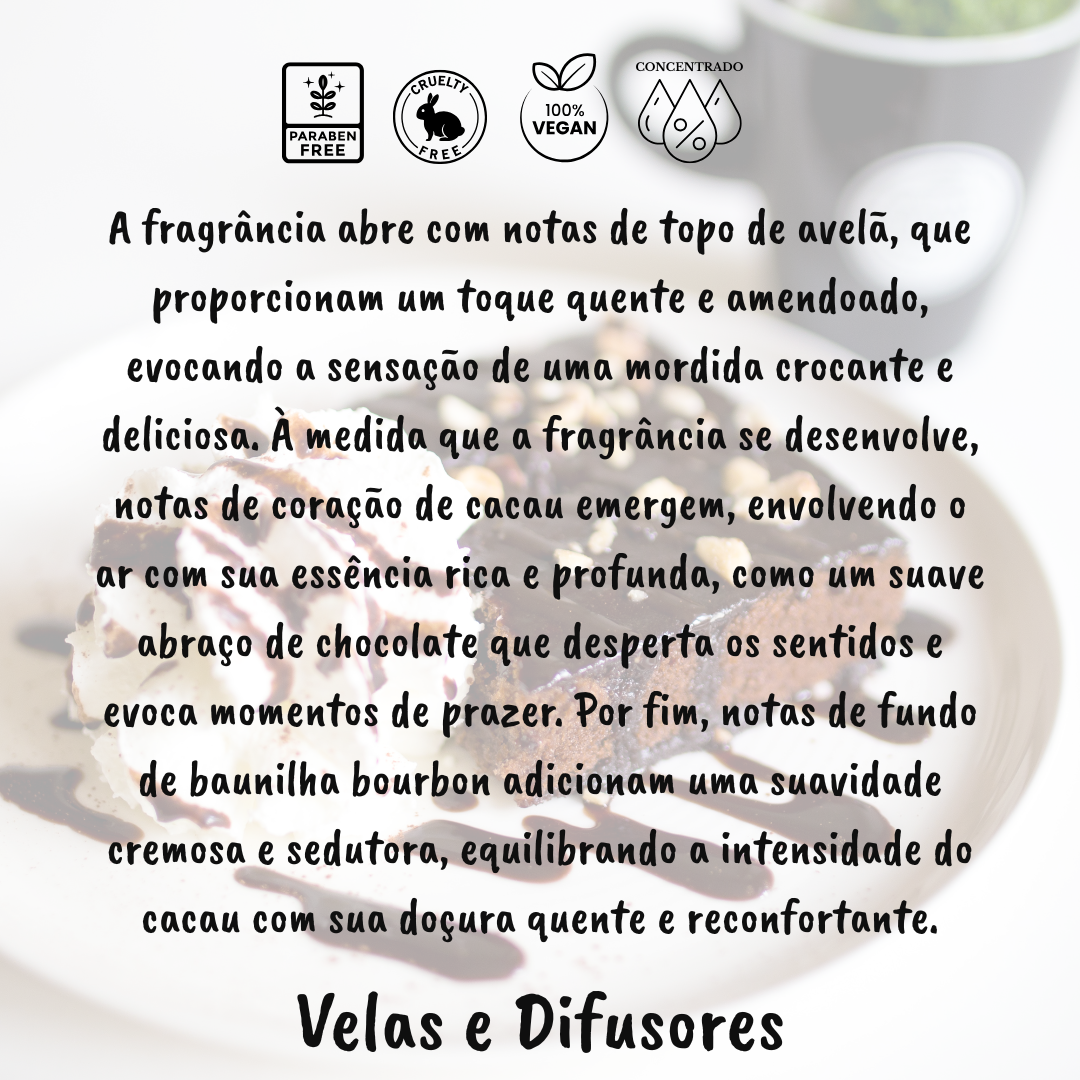 Texto descritivo sobre fragrância para velas e difusores com ícones de segurança e uma bebida com chantilly e chocolate ao fundo