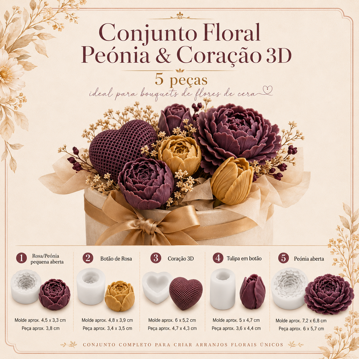 Conjunto Floral Peonia & Coração| 5 Moldes