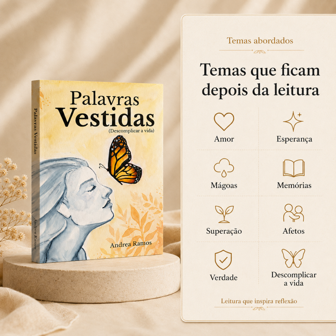 Livro Palavras Vestidas ao lado de lista de temas abordados em fundo bege