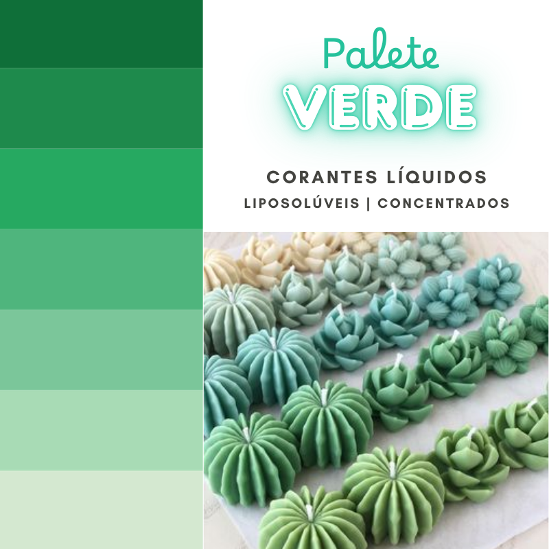 Palete de corantes líquidos verdes e velas decorativas verdes em forma de suculentas e cactos
