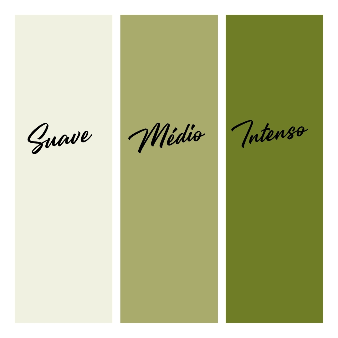 Três tons de verde com texto Suave, Médio e Intenso