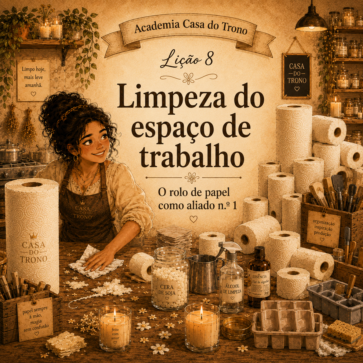 Li&ccedil;&atilde;o 8 da Academia Casa do Trono sobre limpeza do espa&ccedil;o de trabalho no candle making