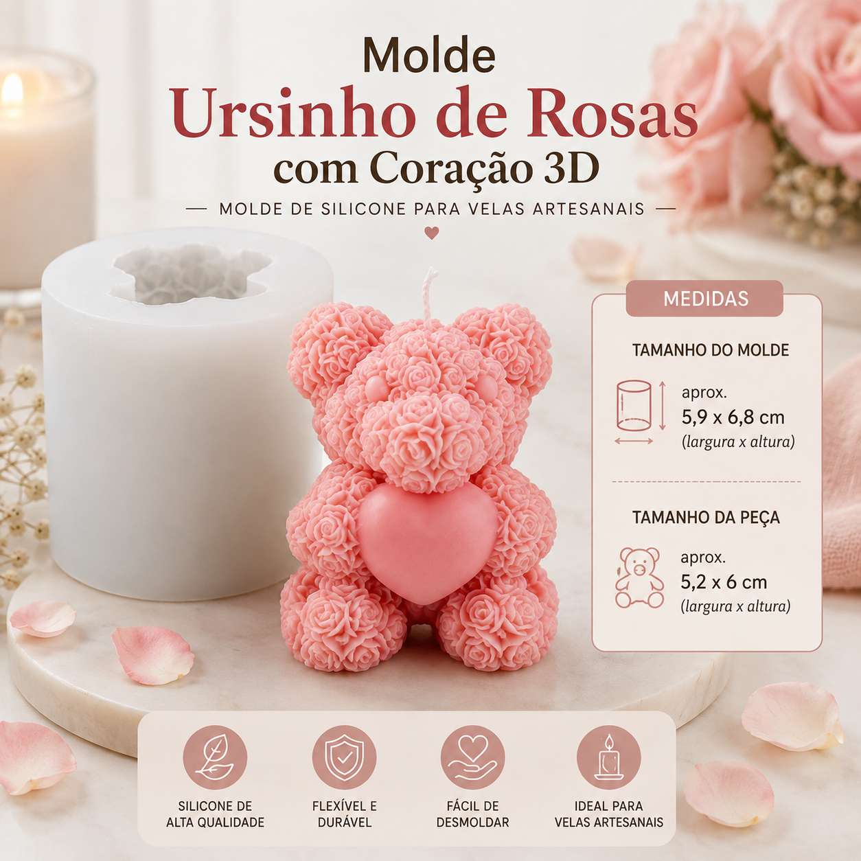 Molde de silicone branco para vela ursinho de rosas com coração 3D rosa num ambiente com pétalas e flores