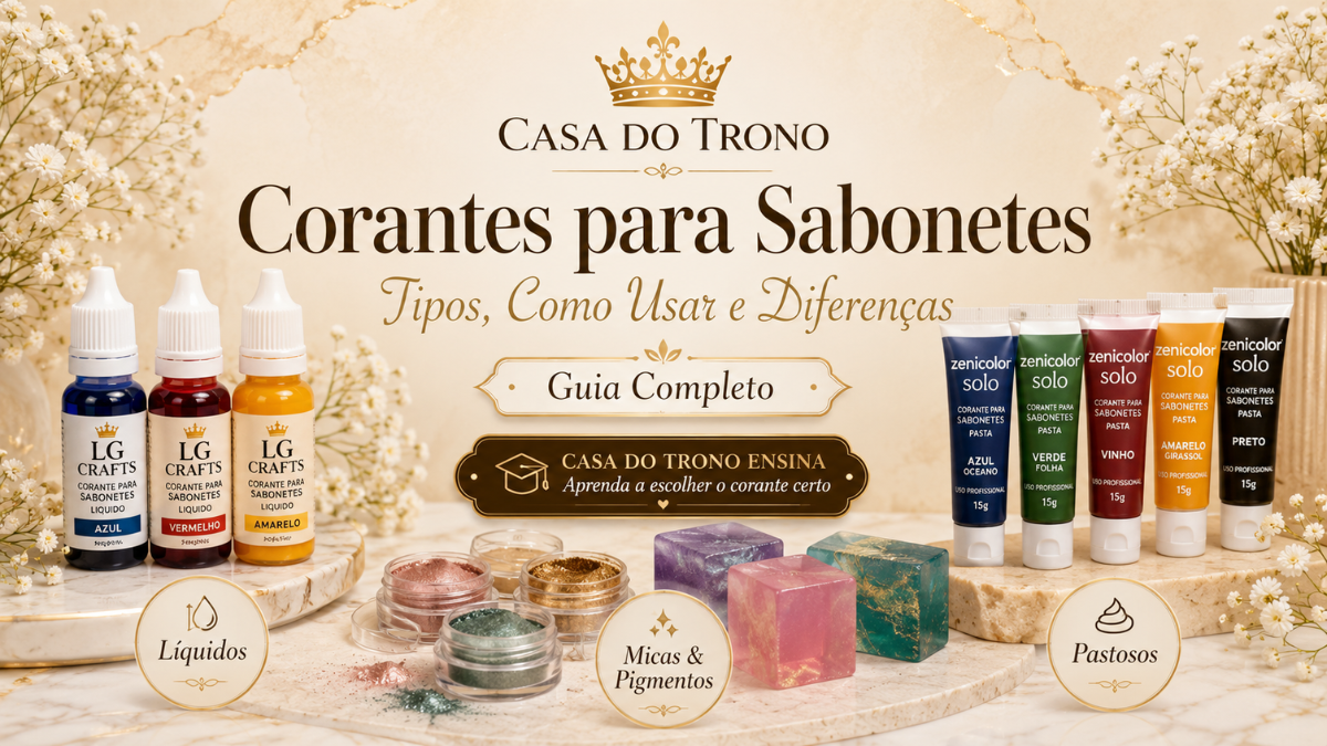 Corantes líquidos, em pó e pastosos para sabonetes da Casa do Trono em fundo decorativo com flores e mármore.