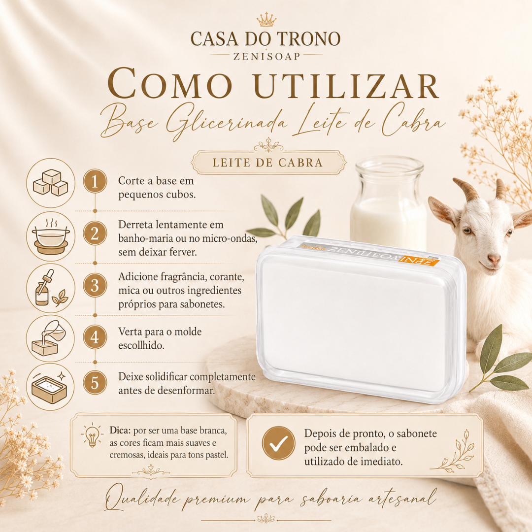 Instruções de uso da Base Glicerinada Leite de Cabra CASA DO TRONO ZENISOAP com imagem do produto e cabra ao fundo