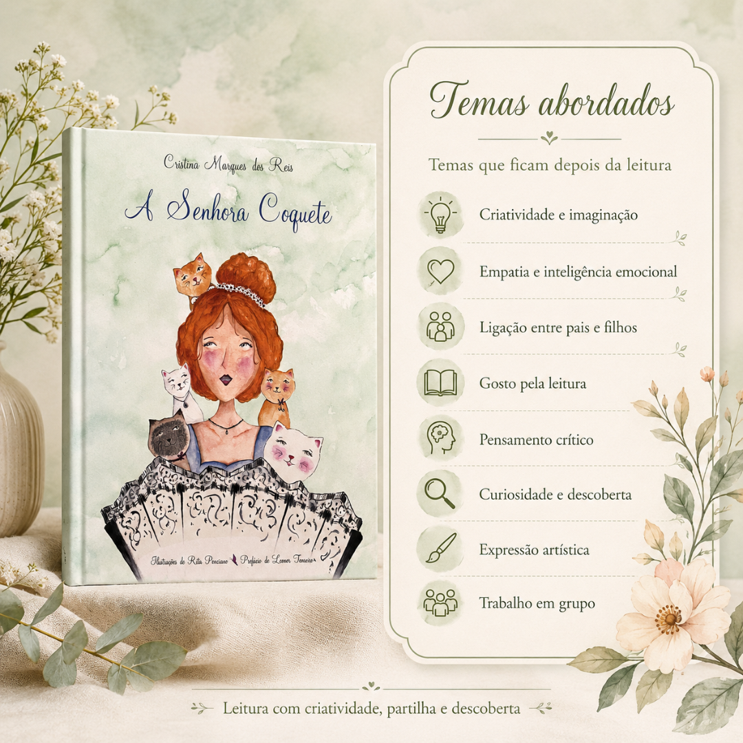 Livro infantil A Senhora Coquete com ilustração feminina e gatos, texto temático em português ao lado.
