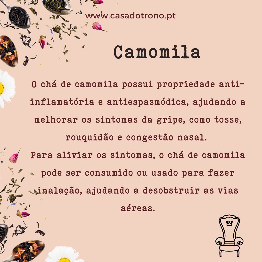 Imagem informativa sobre chá de camomila com flores e texto explicativo em português