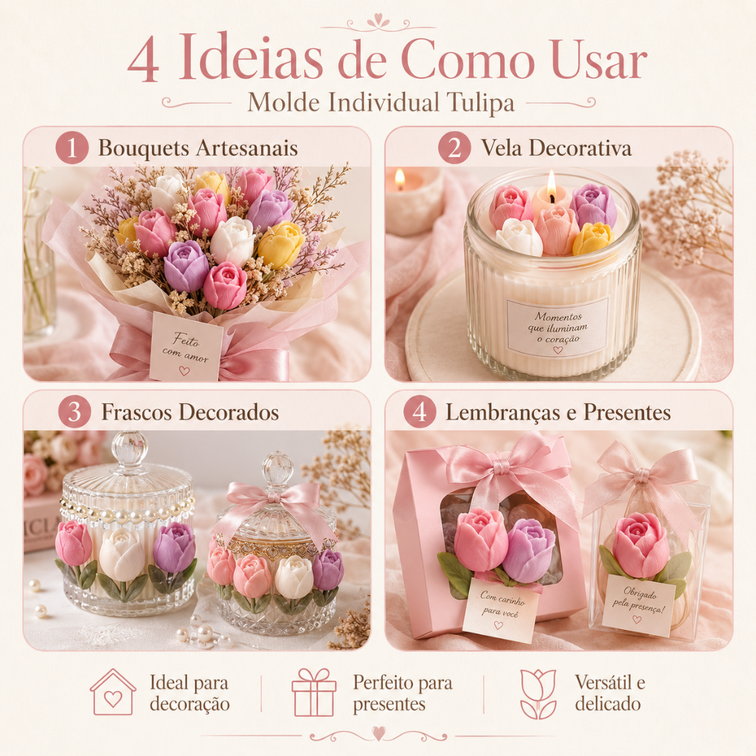 Quatro ideias para usar Molde Individual Tulipa com bouquets, vela, frascos decorados e lembranças com flores tulipa coloridas.
