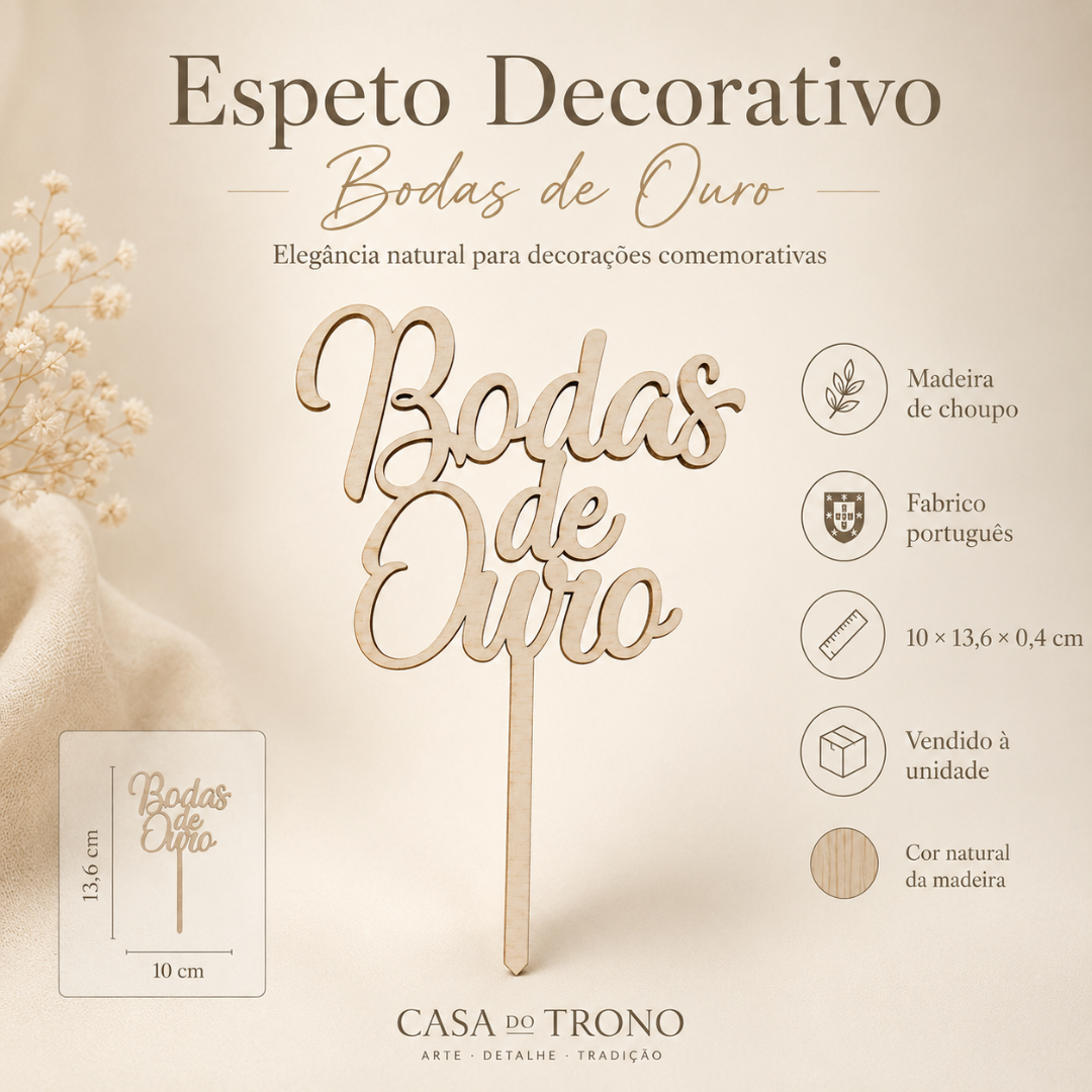 Espeto decorativo madeira Bodas de Ouro com texto e ícones informativos em fundo bege