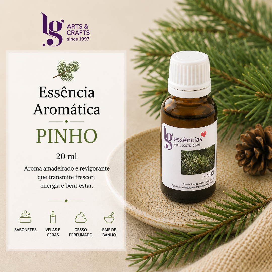 Frasco de essência aromática de pinho com rótulo e texto explicativo ao lado