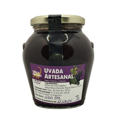 Frasco de uva artesanal em vidro com rótulo roxo e tampa dourada
